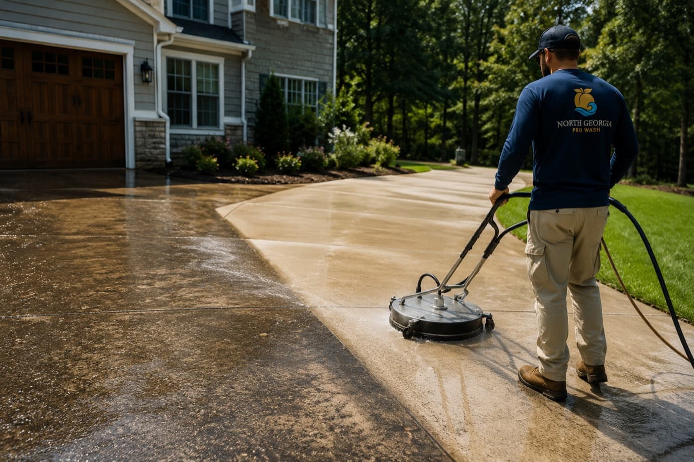 Technician surface-cleaning a driveway, showing the clean result